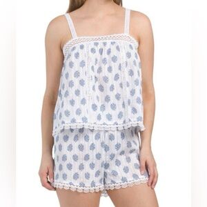 Rachel Zoe Blue/White Lace Trim Pajama Set Shorts Tank - Medium